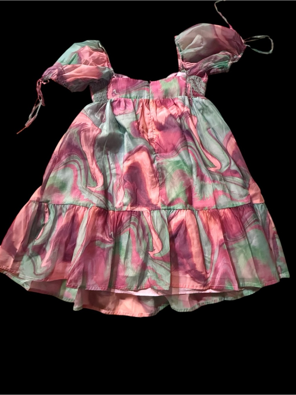 Amanda Uprichard Sicily Mini Dress Pink Blue Green Marble Print Puff Sleeves - Picture 5 of 6